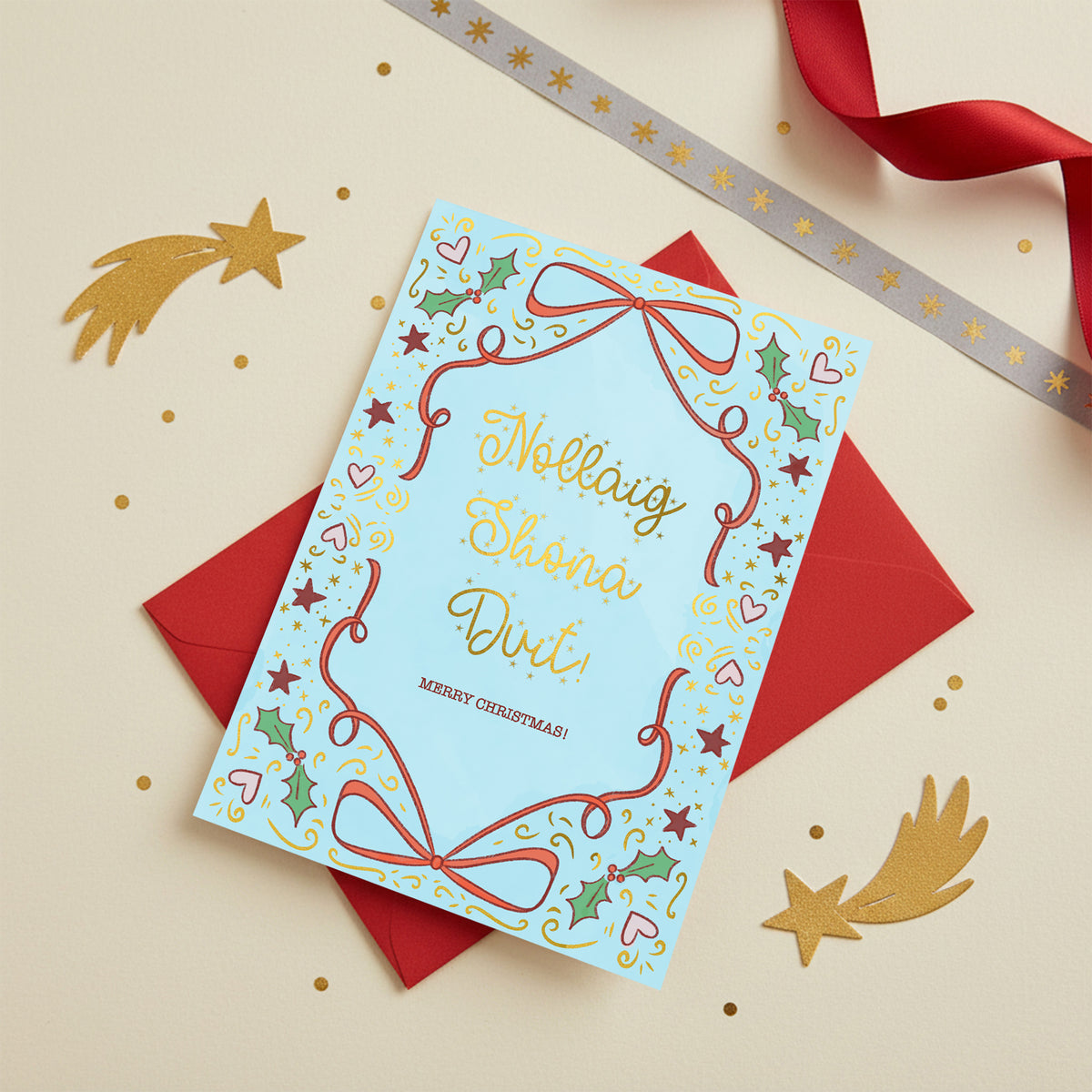 Gold Foiled Blue Christmas Bow Card