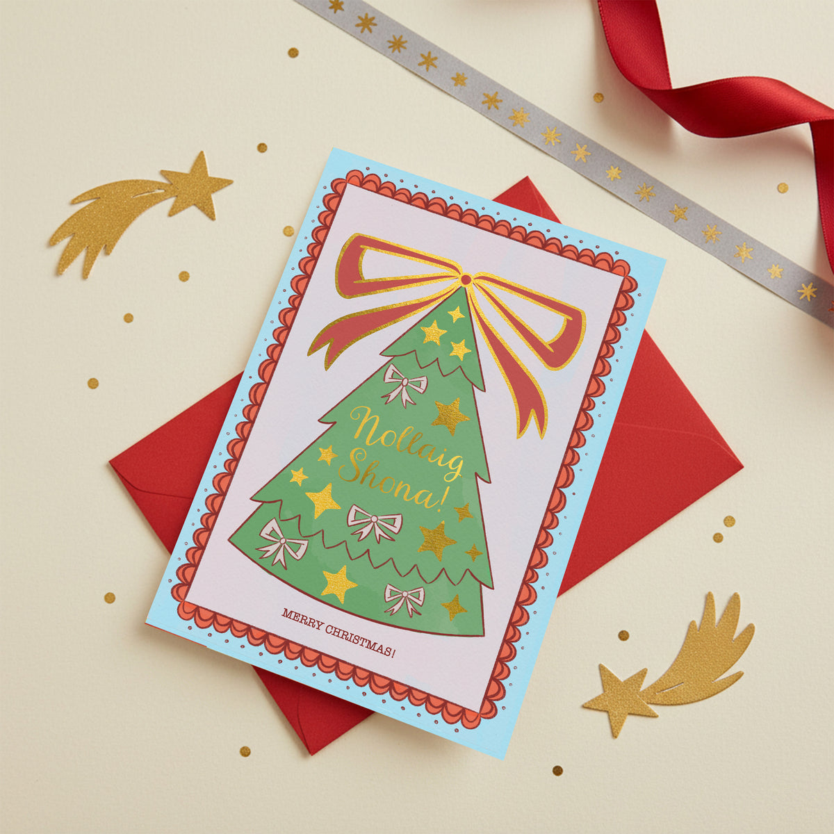 Gold Foiled Bow Christmas Tree Card