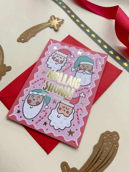 Gold Foiled Pink Santas Card